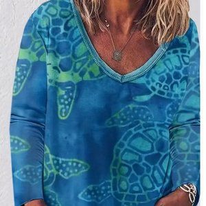 Women's Plus Sea Turtle Print Long Sleeve V Neck sz 1XL NEW